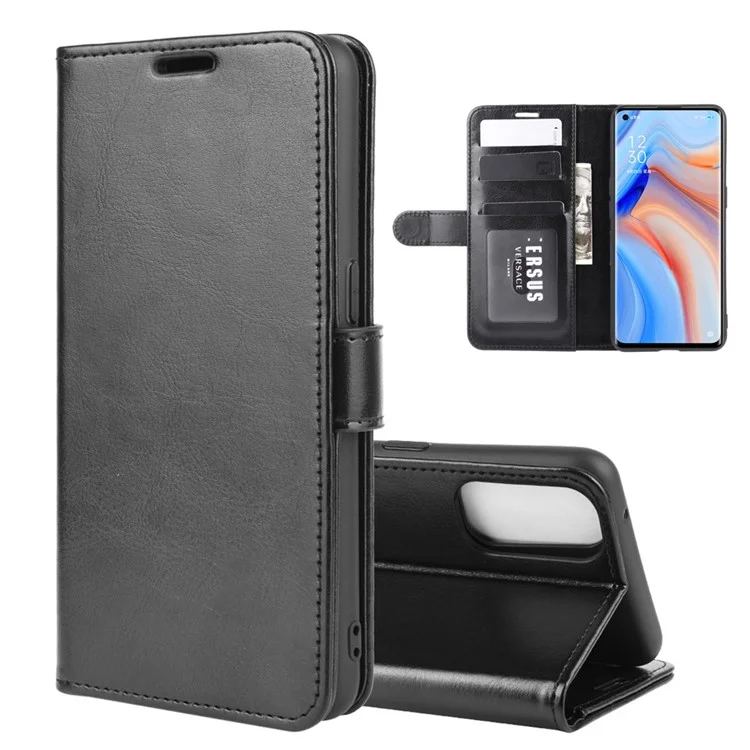 Crazy Horse Wallet Shell Stand Leather Phone Case for Oppo Reno4 Pro 5G - Black