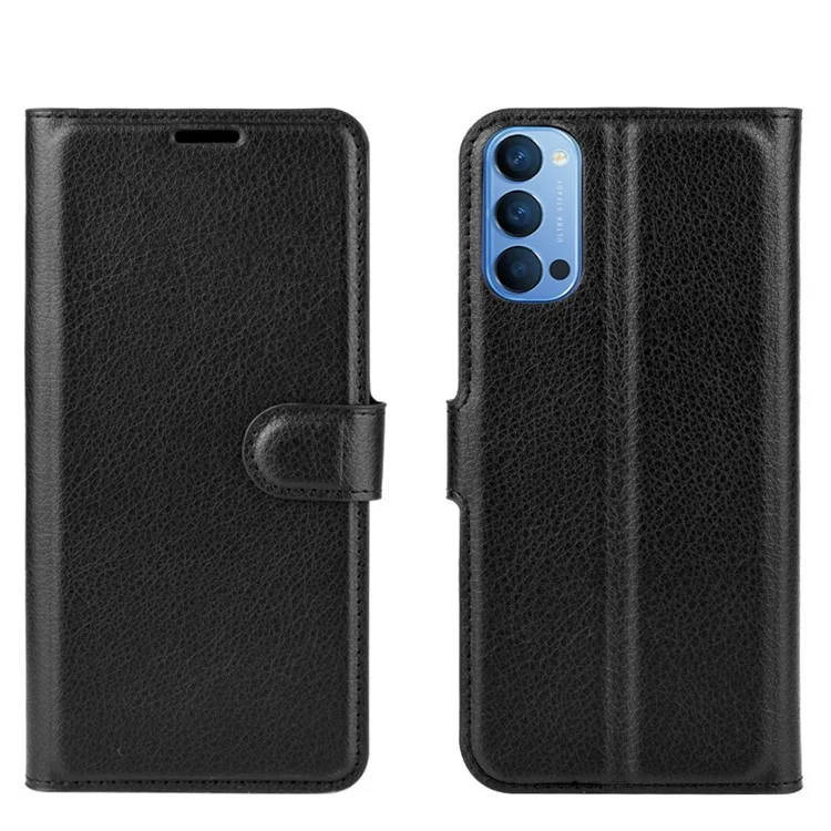 Litchi Texture Wallet Stand Leather Shell Cell Phone Cover for Oppo Reno4 5G - Black