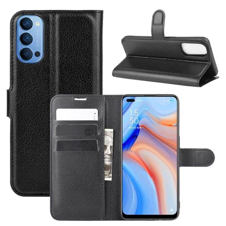 Litchi Texture Wallet Stand Leather Shell Cell Phone Cover for Oppo Reno4 5G - Black