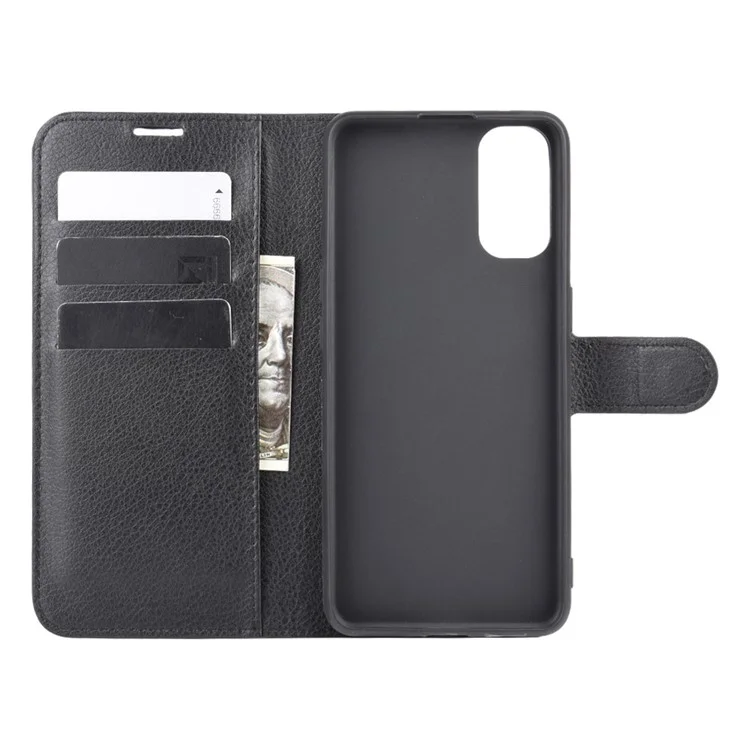 Litchi Texture Wallet Stand Leather Shell Cell Phone Cover for Oppo Reno4 5G - Black