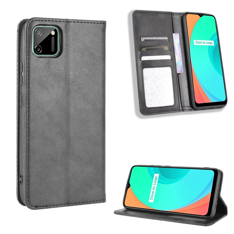 Auto-assorbente Retro PU Leather Shell Wallet Cell Phone Case per OPPO Realme C11 - Nero