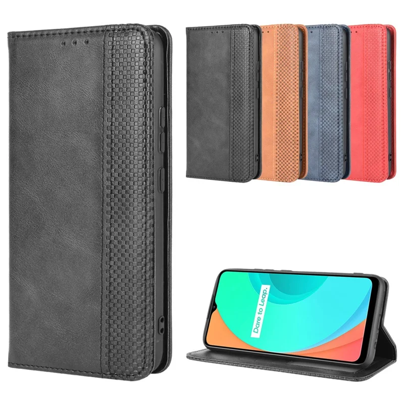 Auto-assorbente Retro PU Leather Shell Wallet Cell Phone Case per OPPO Realme C11 - Nero