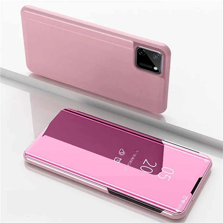 View Window Plated Mirror Surface Leather Stand Case for Realme C11 - Rose Gold