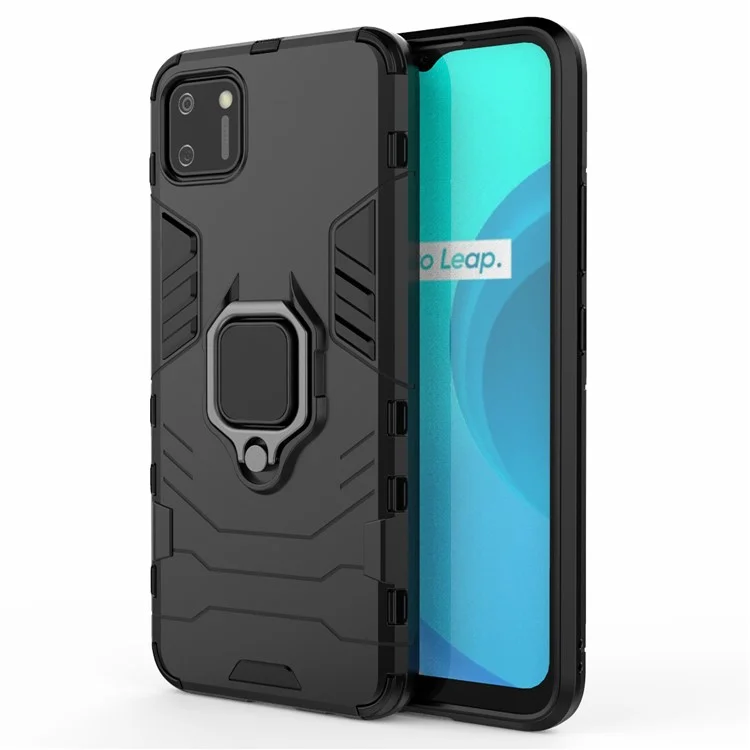 Ring Holder Kickstand Hybrid PC + TPU Combo Cover Case for Realme C11 - Black