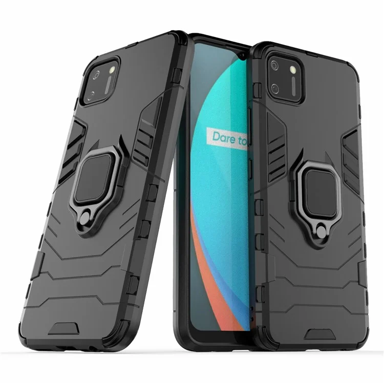 Ring Holder Kickstand Hybrid PC + TPU Combo Cover Case for Realme C11 - Black