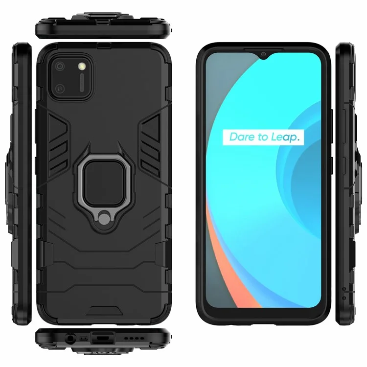 Ring Holder Kickstand Hybrid PC + TPU Combo Cover Case for Realme C11 - Black