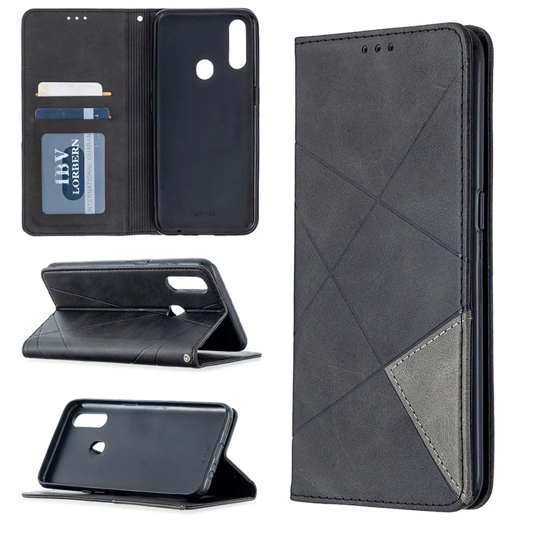 Estuche Para Cartas de Cuero de Stand de Patrón Geométrico Para OPPO A31 (2020) / A81 - Negro