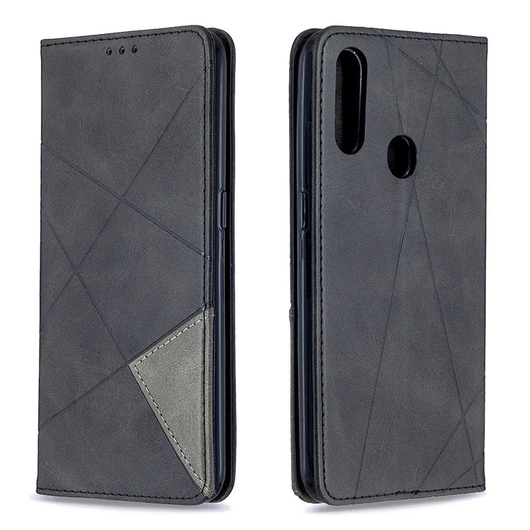 Estuche Para Cartas de Cuero de Stand de Patrón Geométrico Para OPPO A31 (2020) / A81 - Negro
