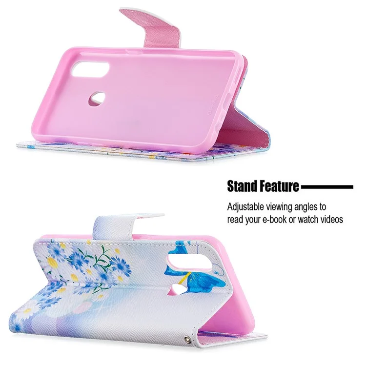 Pattern Printing Leather Wallet Shell Case for OPPO A31 (2020)/A81 - Blue Butterfly and Flowers