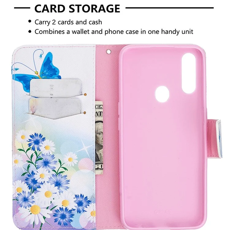 Motif de Coque de Portefeuille en Cuir Imprimée Pour OPPO A31 (2020) / A81 - Papillon Bleu et Fleurs