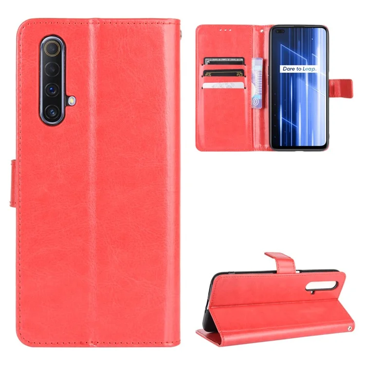 Crazy Horse Texture Wallet Stand Case de Teléfono de Cuero Para Realme X50/Realme X3 - Rojo