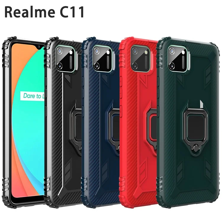 Finger Ring Kickstand Drop-proof TPU Protective Phone Cover for Realme C11 - Black
