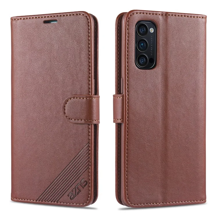 AZNS PU Leather Wallet Stand Mobile Phone Cover for Oppo Reno4 5G - Brown