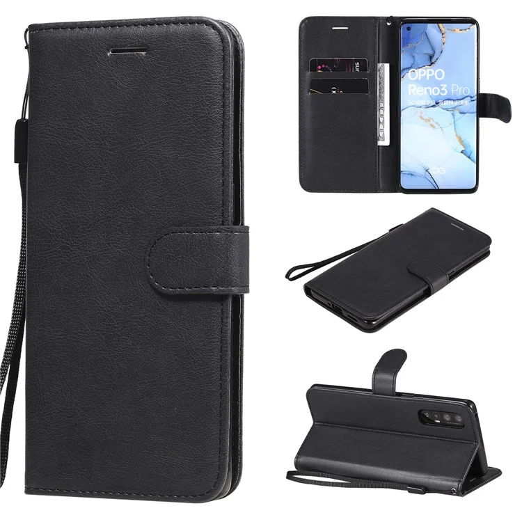 For Oppo Reno3 Pro 5G / Find X2 Neo Case Solid Color Leather Mobile Cover Wallet Stand with Strap - Black