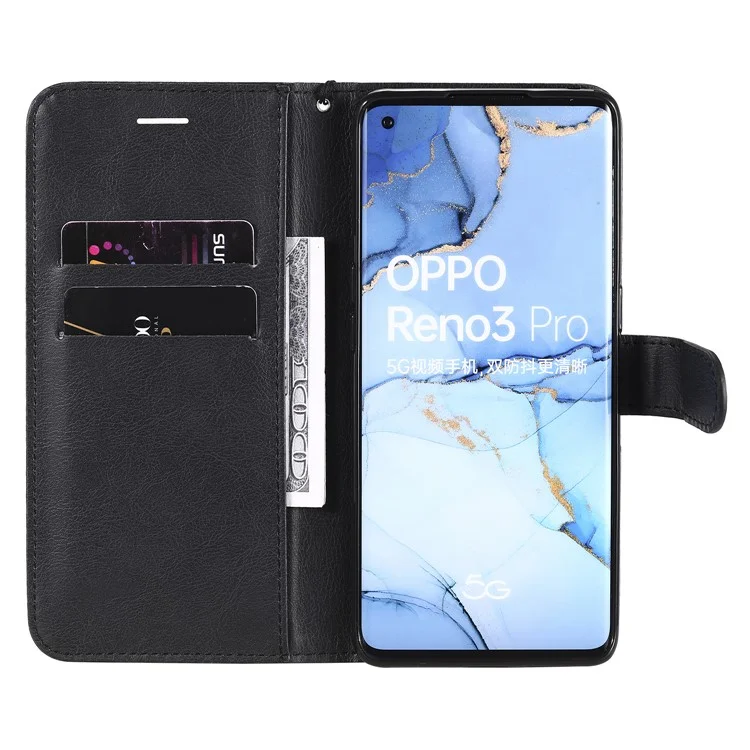 For Oppo Reno3 Pro 5G / Find X2 Neo Case Solid Color Leather Mobile Cover Wallet Stand with Strap - Black