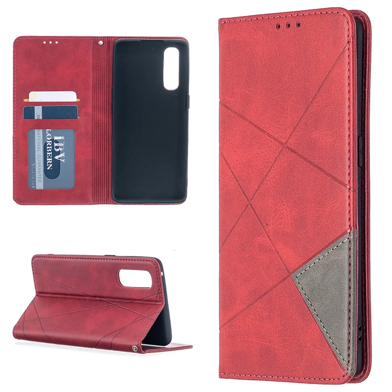 Geometric Pattern Leather Stand Case Card Holder Shell for OPPO Find X2 Neo / Reno3 Pro 5G - Red