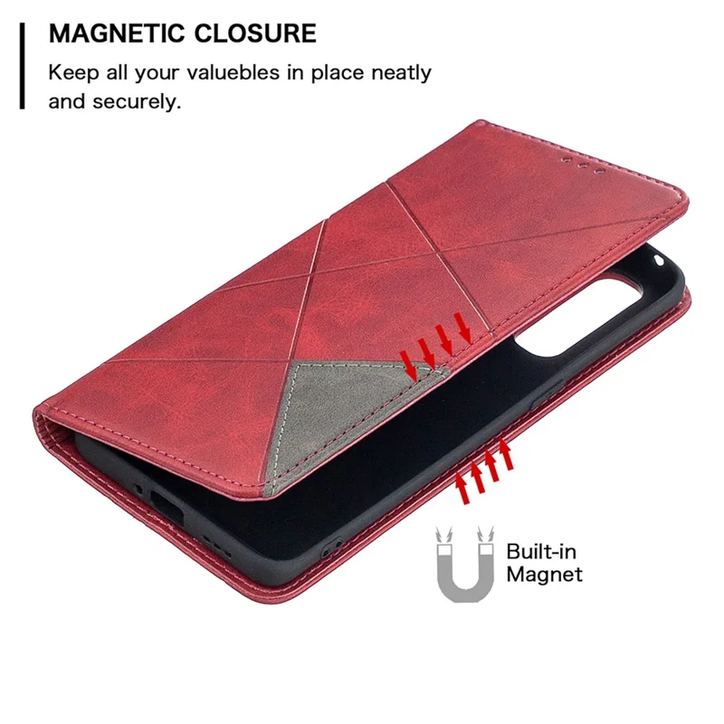 Geometric Pattern Leather Stand Case Card Holder Shell for OPPO Find X2 Neo / Reno3 Pro 5G - Red