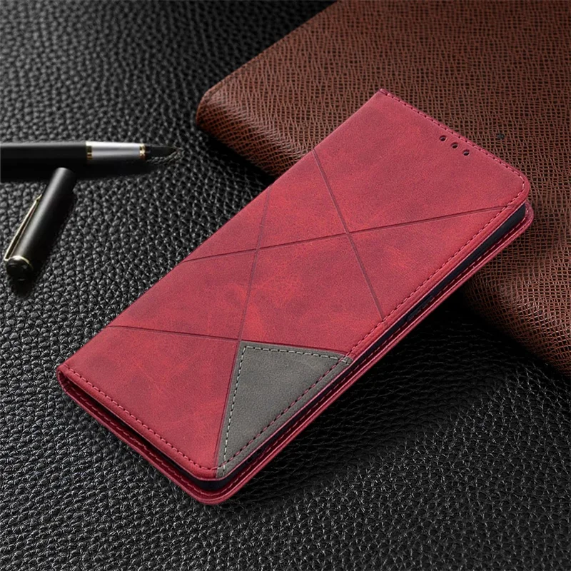 Geometric Pattern Leather Stand Case Card Holder Shell for OPPO Find X2 Neo / Reno3 Pro 5G - Red