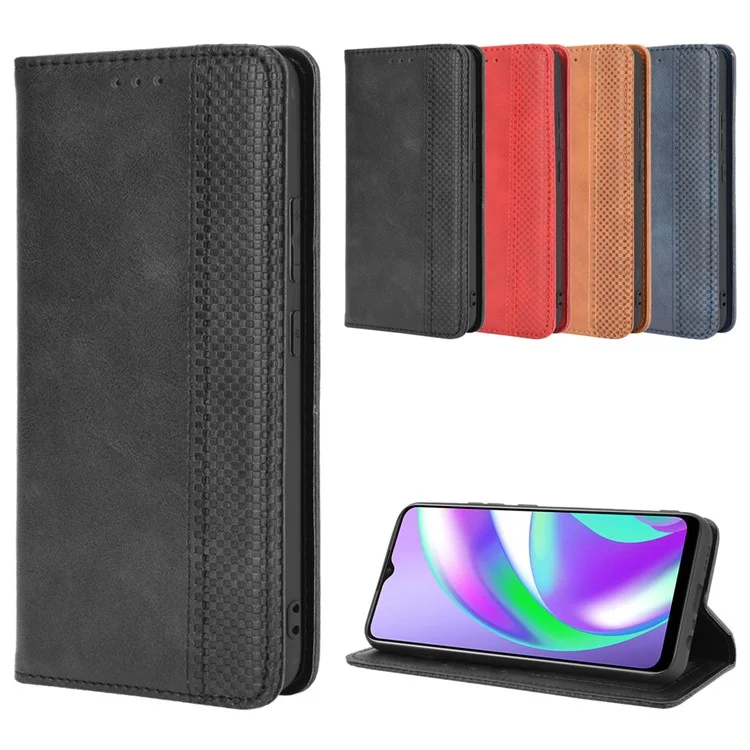 Vintage Style Wallet Stand Leder Telefonabdeckung Für Realme C12 - Schwarz