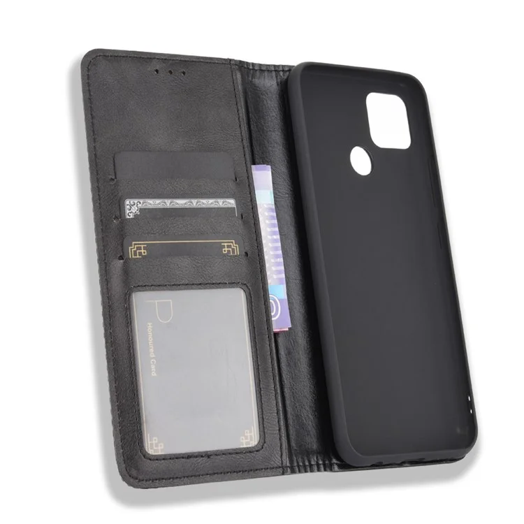 Vintage Style Wallet Stand Leather Phone Cover for Realme C12 - Black