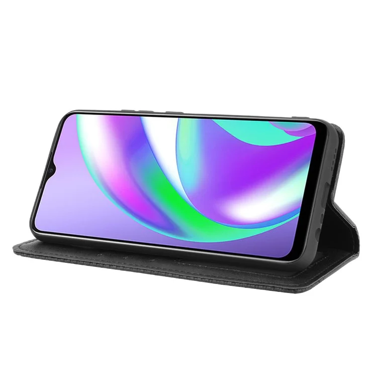 Vintage Style Wallet Stand Leder Telefonabdeckung Für Realme C12 - Schwarz