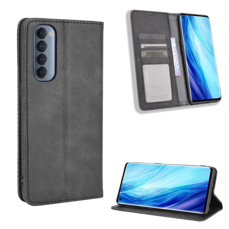 Retro with Wallet Stand Leather Phone Cover for Oppo Reno4 Pro 4G - Black