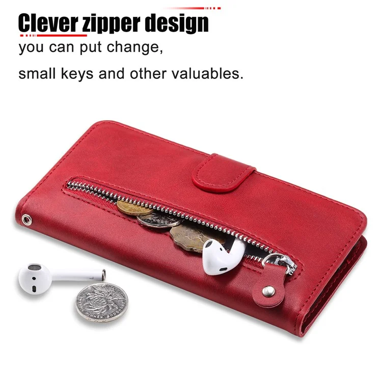 Zipper Pocket Leather Protector Wallet Case for OPPO Find X2 Neo/Reno3 Pro - Red
