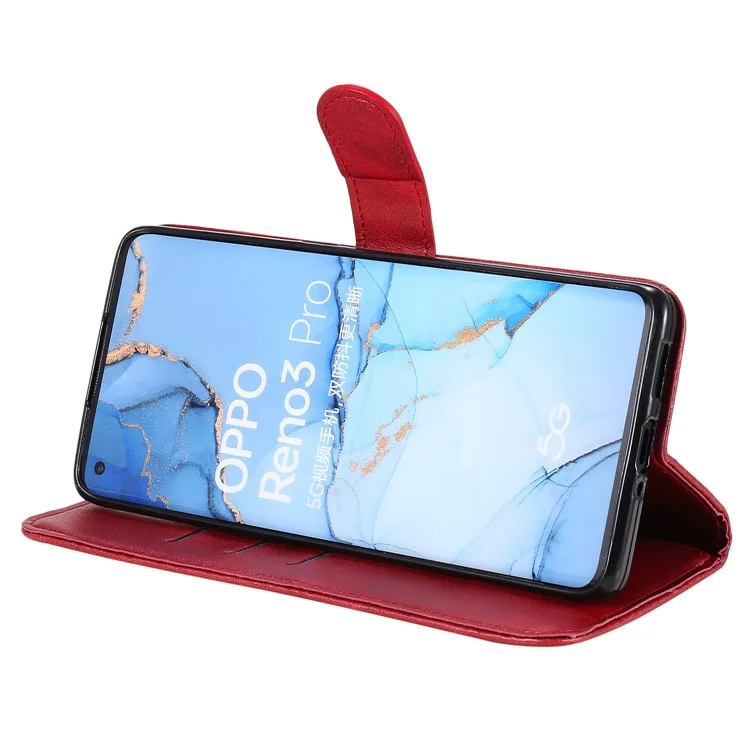 Zipper Pocket Leather Protector Wallet Case for OPPO Find X2 Neo/Reno3 Pro - Red