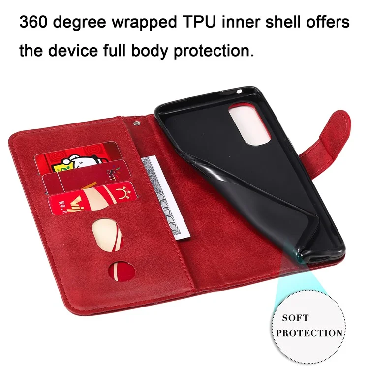 Zipper Pocket Leather Protector Wallet Case for OPPO Find X2 Neo/Reno3 Pro - Red