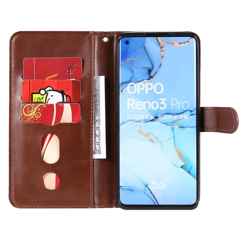 Zipper Pocket Leather Protector Wallet Case for OPPO Find X2 Neo/Reno3 Pro - Brown