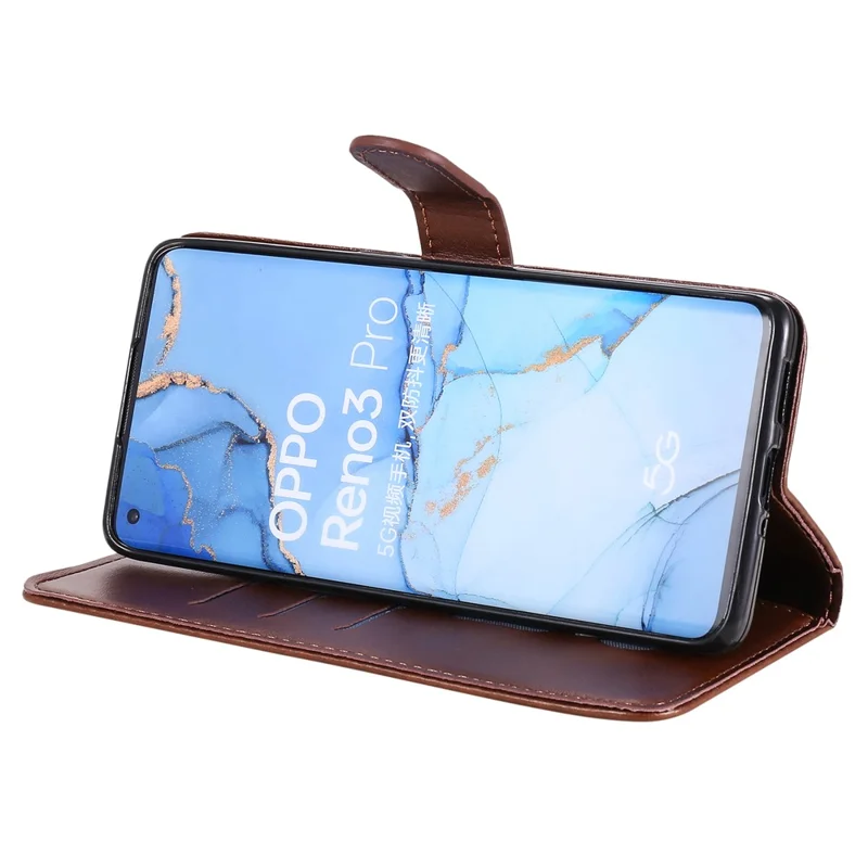 Zipper Pocket Leather Protector Wallet Case for OPPO Find X2 Neo/Reno3 Pro - Brown