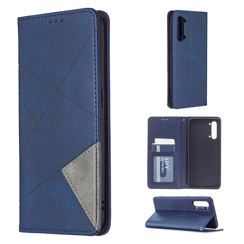 Geometric Pattern Leather Stand Case Card Holder Shell for Oppo Find X2 Lite - Blue