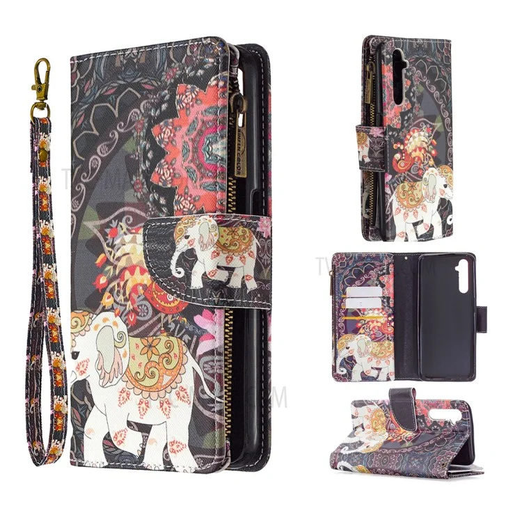 BF03 Pattern Printing Zipper Wallet Leather Phone Case per Realme 6 - Elefante