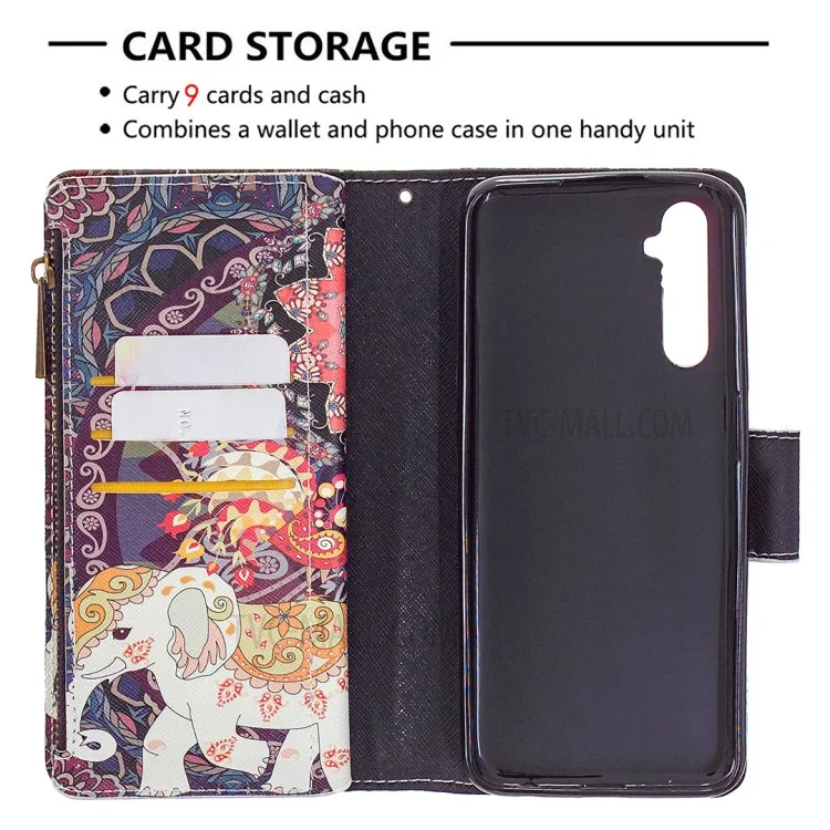 BF03 Pattern Printing Zipper Wallet Leather Phone Case per Realme 6 - Elefante