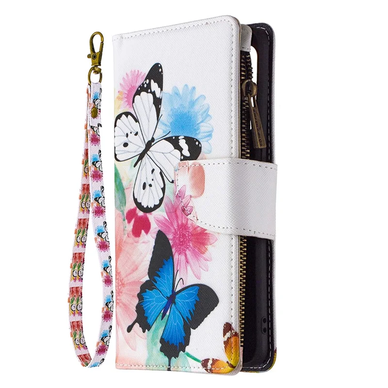 BF03 Pattern Printing Zipper Wallet Leather Phone Case for Oppo Find X2 Lite - Blue and White Butterfly