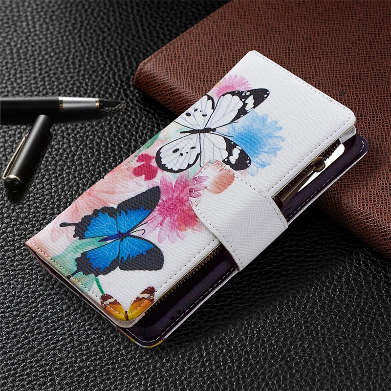 BF03 Pattern Printing Zipper Wallet Leather Phone Case for Oppo Find X2 Lite - Blue and White Butterfly