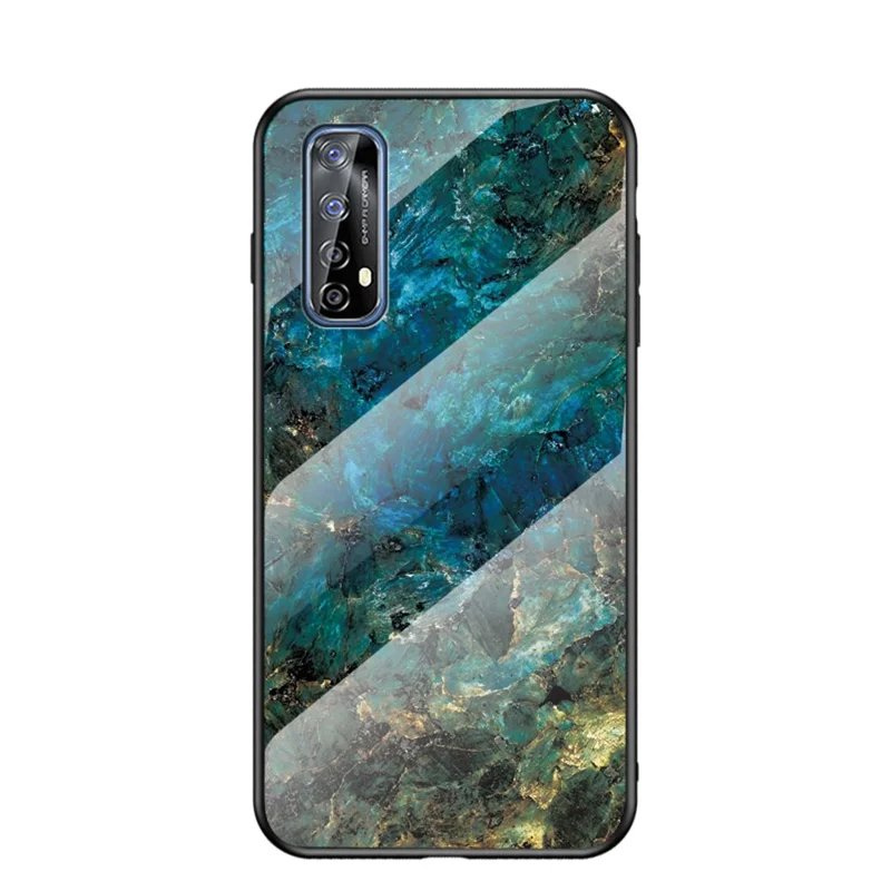 Coque hybride pour téléphone portable en verre trempé avec motif marbré + PC + bord en TPU pour Realme 7 (Global) - Marbre émeraude