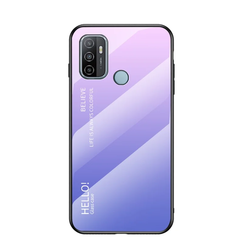 Color Gradient Pattern Tempered Glass + PC + TPU Edge Cell Phone Hybrid Case for Oppo A53(2020) - Gradient Pink Purple
