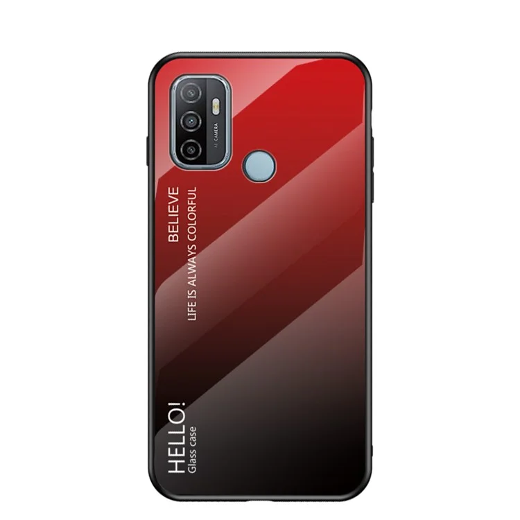 Color Gradient Pattern Tempered Glass + PC + TPU Edge Cell Phone Hybrid Case for Oppo A53(2020) - Red Gradient