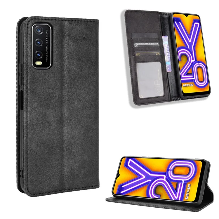 Retro -stil PU -leder -stand Wallet -telefongehäuse Für Vivo Y20/y20i - Schwarz