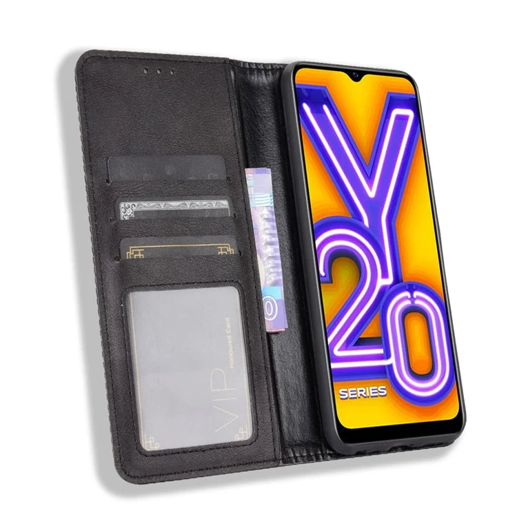 Retro -stil PU -leder -stand Wallet -telefongehäuse Für Vivo Y20/y20i - Schwarz