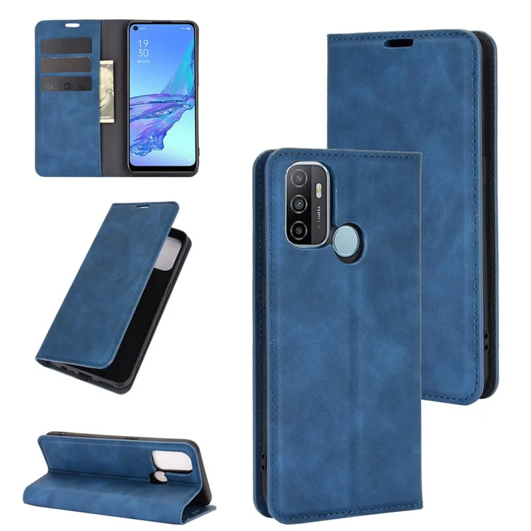 Silky Touch Leather Stand Shell Case for OPPO A53(2020) - Blue