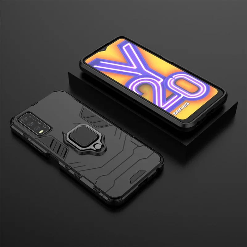 Ring-Shape Kickstand PC + TPU Phone Case for Vivo Y20 - Black