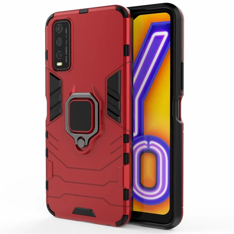 Ring-Shape Kickstand PC + TPU Phone Case for Vivo Y20 - Red