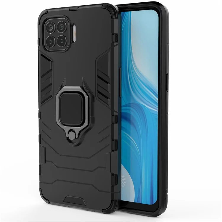 Ring-Shape Kickstand PC + TPU Hybrid Phone Cover for Oppo F17 Pro - Black
