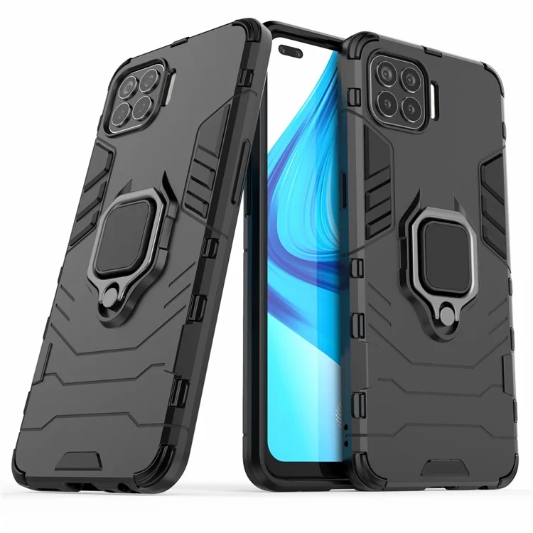 Ring-Shape Kickstand PC + TPU Hybrid Phone Cover for Oppo F17 Pro - Black
