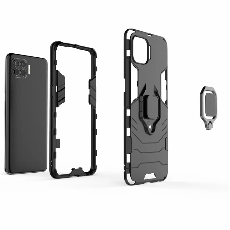 Ring-Shape Kickstand PC + TPU Hybrid Phone Cover for Oppo F17 Pro - Black