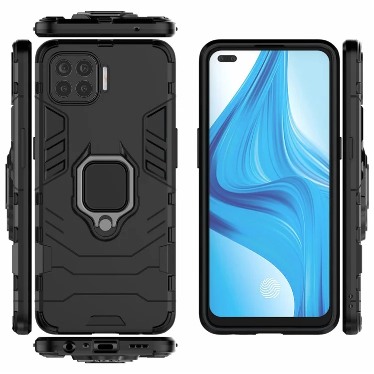 Ring-Shape Kickstand PC + TPU Hybrid Phone Cover for Oppo F17 Pro - Black