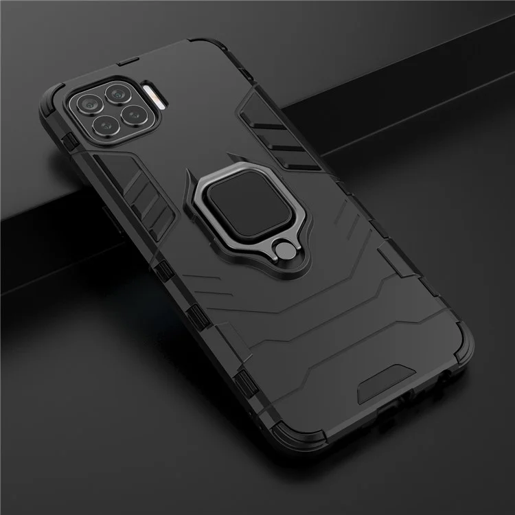Ring-Shape Kickstand PC + TPU Hybrid Phone Cover for Oppo F17 Pro - Black