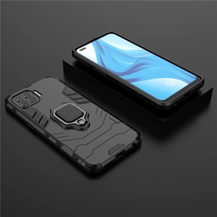 Ring-Shape Kickstand PC + TPU Hybrid Phone Cover for Oppo F17 Pro - Black